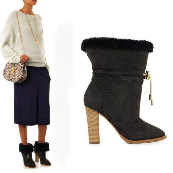 CHLOE ANKLE BOOTS DRAWSTRING SHEEPSKIN FOLD OVER BOOTIES sz 40 9.5 - Picture 1 of 11